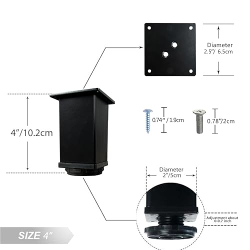 QLLY 4 inch Square Adjustable Metal Furniture Legs, Heavy Duty Black Cabinet Feet with Leveling Pads, Set of 4 for Sofa, Couch, Ottoman, Cabinet and Shelf Replacement - color: Black, size: 4 inch