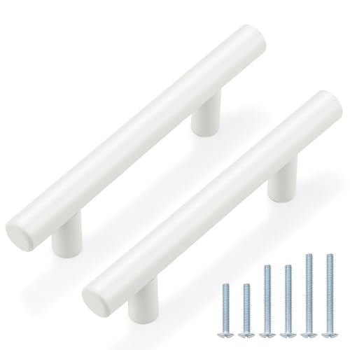 Probrico 5 Pack| White Kitchen Cabinet Pulls 3 Inch Euro Style T Bar Handles Cupboard Stainless Steel Modern Cabinet Hardware - color: White, size: hole center 3"