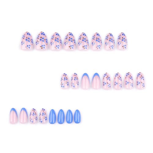 Summer Fall Press On Nails Short Almond, Nude and Blue Fake Nails Featuring Blue Floral Accents, Glossy Finish Acrylic Nails, Thick Reusable Glue On Nails for Women, 24Pcs - color: 41-Blue Petal