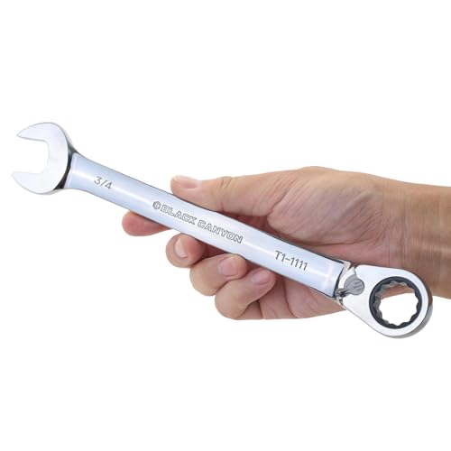 BLACK CANYON 3/4 Inch Ratchet Combination Wrench, 12-Point Box End & Hex Opening, Polished Steel Ratcheting Wrench with SAE & Metric Sizes - size: 3/4 Inch, style: Inch