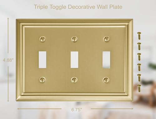 OKAWYC Triple Toggle Light Switch Cover Adler Metal Wall Plate, 2-Pack Brushed Brass 3 Gang, for Light Switch Cover Decorative Wallplate, Durable - size: 3 Toggle