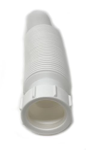 Flexible Extension Pipe, 1-1/2 inch x 15 inch with Adapter for 1 1/4" Inlet Tube with Slip-Joint Nut and Washer for P-Trap Connection used with Kitchen or Bathroom Drain- White Plastic Polypropylene