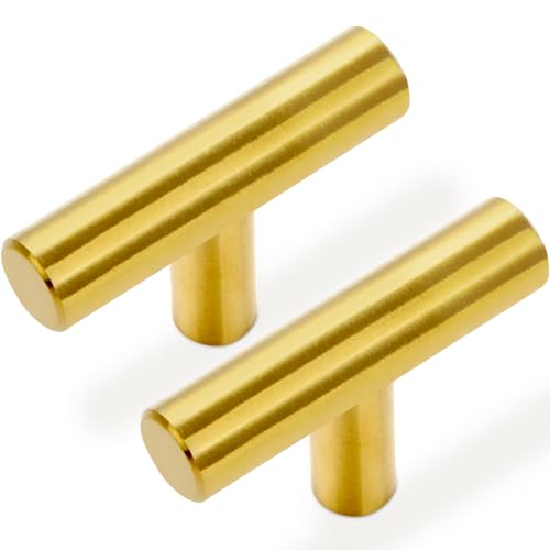 Estmoon 30 Pack Brushed Brass Cabinet Knobs Gold Drawer Pulls Stainless Steel Brushed Gold Dresser Knobs for Cabinets Cupboard Bathroom Kitchen Hardware, Single Hole T Bar Pulls, 2in Overall Length - color: Brushed Brass