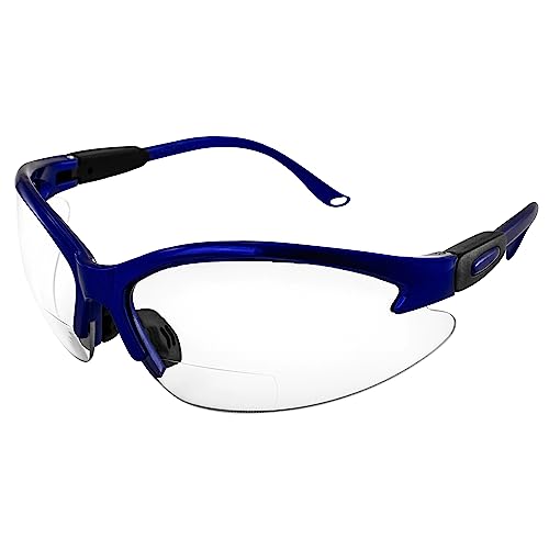 Global Vision Contender Bifocal Safety Glasses Blue Frame Clear Lens ANSI Z87+ for Men and Women Magnifying Reader 1.0 to 2.5 - size: 2.50