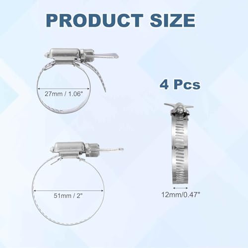 HARFINGTON 4pcs Hose Clamps 1.1"-2" (27-51mm) Adjustable 304 Stainless Steel Worm Gear Hose Clamps Assortment Kit for Plumbing Dryer Vent Automotive Dust Collector - size: 27-51mm