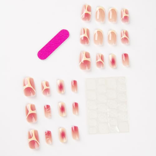 Halation Press On Nails Medium Square,Pink Fake Nails with French Tip and Line Design, Reusable Stick On Nails Glossy Finish False Nails for Women,12Sizes-24 Nail Kit