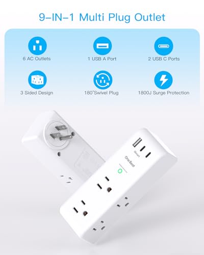 Surge Protector Outlet Extender with Rotating Plug, Multi Plug Wall Outlet - color: White, size: 2C1A, 1 Pack