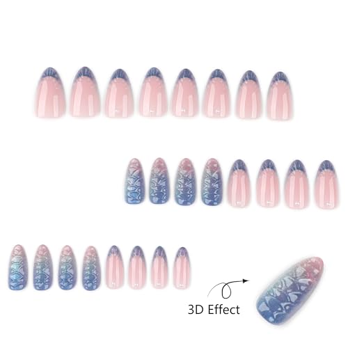 Almond Press On Nails Medium, 24PCS Iridescent 3D Mermaid Scale Acrylic Fake Nails, Gradient Pink Purple Stick On Nails for Women, Reusable Glossy False Nails for Party, Wedding - color: 31-Pine cone gradient