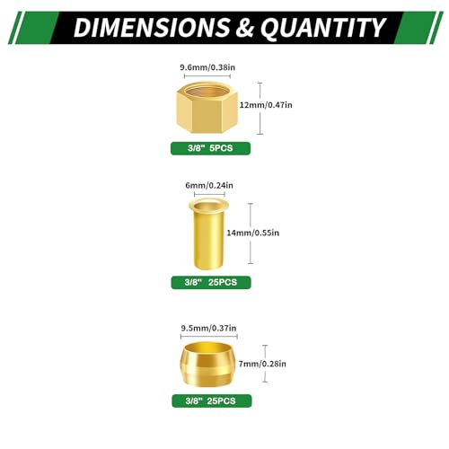 55pcs 3/8" Brass Compression Sleeves Ferrules Inserts Nuts Fittings - color: 55PCS 3/8"