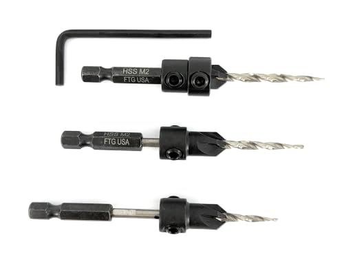 FTG USA 3-Pk #6 (9/64") Countersink Drill Bit Set, 1 Stop, 1 Wrench & Case - size: #6, style: 3 Pc with Depth Stop and Case