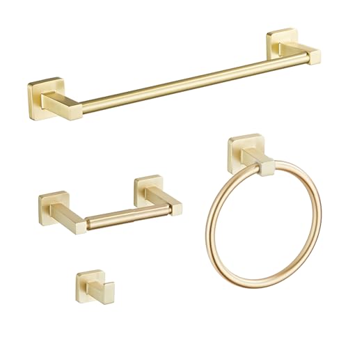 Brusehd Light Gold Bathroom Hardware Set 4 Pieces,Towel Bar Set Stainless Steel Wall Mounted, Includes 16In Hand Towel Bar, Towel Ring, Robe Towel Hooks,Toilet Paper Holder, Bathroom Towel Rack Set… - color: Brusehd Light Gold-4pcs, size: 16Inch