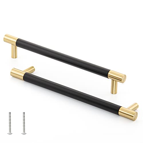 Linkaa Solid Brass Kitchen Cabinet Handles Pulls Gold Drawer Pulls with Black Plating,Dresser Knobs Black for Cupboard Bedroom (7.5 inch,5 Pack (192 mm) - size: 192 mm