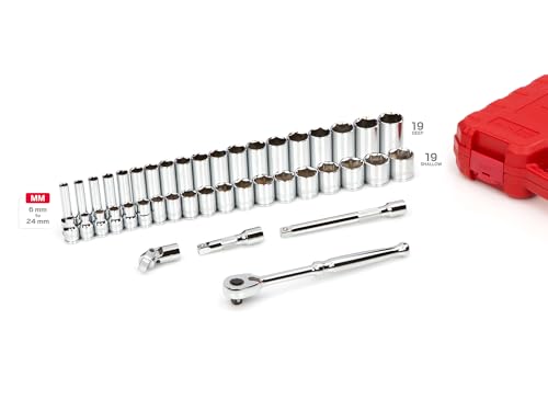 TEKTON 3/8 Inch Drive 6-Point Socket and Ratchet Set, 42-Piece (6-24 mm) | SKT15201 - size: 42-Piece (6 - 24 mm)