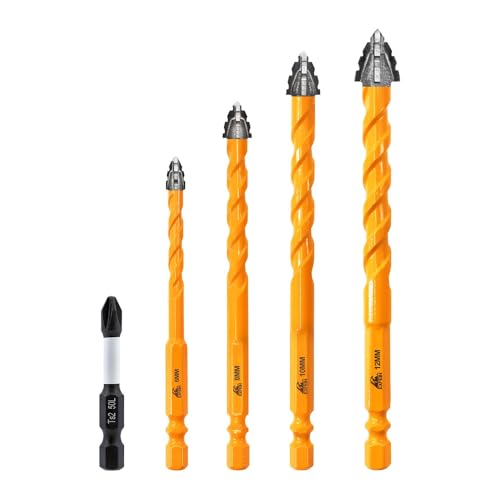 Upgraded Masonry Drill Bit Set 1/4" (6mm) to 1/2" (12mm), EXFEIN Serrated Drill Bits Set - 4-Piece Carbide Drill Bits and 1 Piece Magnetic Screwdriver Bit for Wood Plastic Tile Concrete Brick Marble - size: Set 2(5-Pack)