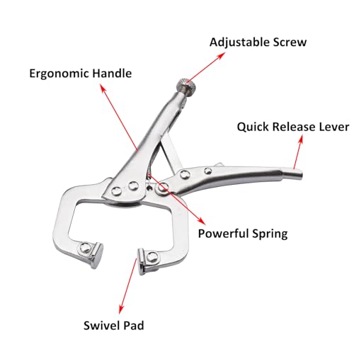 MacWork 3Pcs Mini Locking Plier Set, 4.5in Round Curved Jaw, 5in C-clamp, 5in Long Nose for Grip, Clamp, and Secure