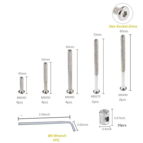 Baby Bed Frame Bolts, Crib Screws Hardware ReplacementKit M6x40/50/60/70/80mm Hex Drive Socket Cap Screws Barrel Nuts Wooden Dowel Kit for Beds Chairs Furniture et (16Set) - size: 16Set
