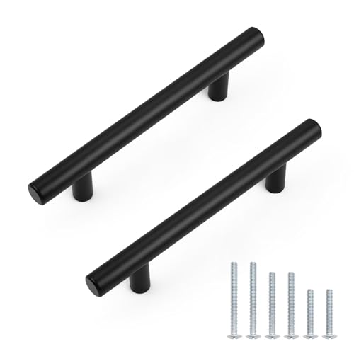 Probrico 30 Pack Hole Centers 3-3/4inch Matte Black Kitchen Cabinet Handles, Stainless Steel Dresser Drawer Pulls, Modern T Bar 6inch Length Pull Handle for Closet - size: Center to Center: 3-3/4 inch