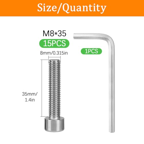 15 Pcs M8 x 35mm Stainless Steel Allen Socket Head Cap Screws, Full Thread Metric Fasteners, Bright Finish for Automotive & Machinery Use - size: M8x35mm-15Pcs