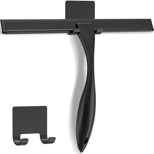 All-Purpose Stainless Steel Shower Squeegee for Shower Glass Door with Adhesive Hook, Bathroom Cleaner Tool Household Window Mirror Squeegee for Glass Doors, Cleaning Tile Wall, Car, 10 inch, Black - size: 10-inch
