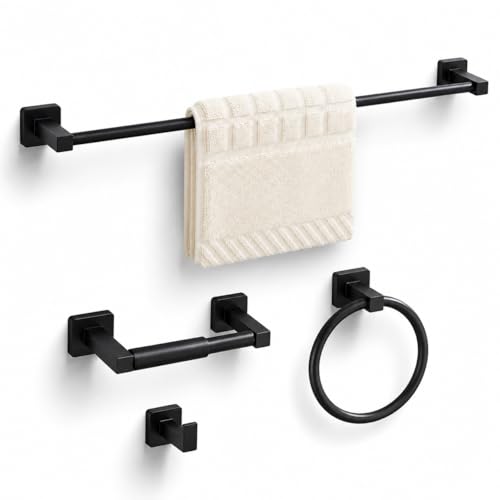 Matte Black Bathroom Hardware Set 4 Pieces,Bathroom Accessories Set Stainless Steel Wall Mounted, Hand Towel Bar, Towel Ring, Robe Towel Hooks,Toilet Paper Holder,Towel Bar Set, 23.6 Inch - color: Matte Black-4pcs, size: 23.6Inch
