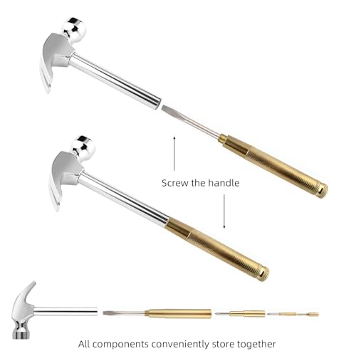 Small Metal Hammer 6 in 1 with Slotted/Flat Head Phillips Screwdriver Claw Hammer Manual, Portable Multifunction Tool Hammer (Gold Silver) - color: Gold Silver