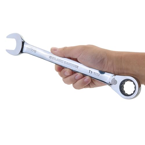 BLACK CANYON 7/8 Inch Ratchet Combination Wrench, 12-Point Box End & Hex Opening, Polished Steel Ratcheting Wrench with SAE & Metric Sizes - size: 7/8 Inch, style: Inch