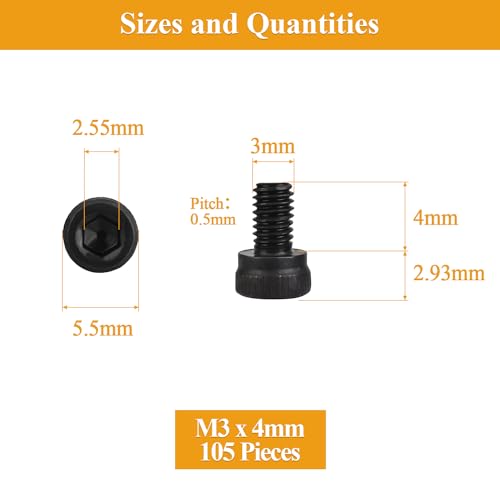105 Pieces M3 x 4mm Socket Head Cap Screws, Thread Pitch 0.5mm, Sutemribor M3 Black Screws, 12.9 Grade Alloy Steel, Black Oxide Finish, Fully Threaded - size: M3 x 4mm, style: Socket Head