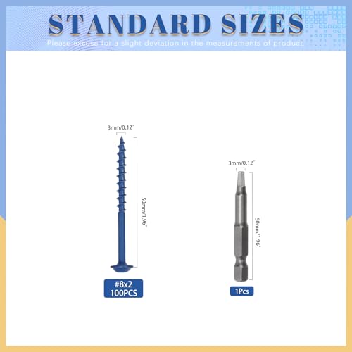 Glarks 100pcs #8 x 2’’ Pocket Hole Screws with Square Drill Bit Kit, Blue Coated Square Drive Wood Screws, Washer Head Coarse Thread Screw for Woodworking, Furniture - size: 100pcs 8x2