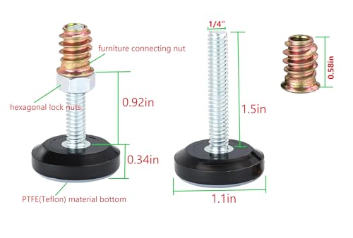 Furniture Levelers- Adjustable PTFE(Teflon) -Bottomed Pads,Table, Chair Leveling Glides, Legs-Pack of 16 with nut Inserts-Helps Furniture Slide Glides- Hardwood Floor Protectors- Leveling feet（T16）