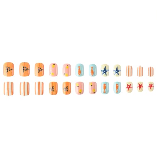 Summer Press On Nails Short Almond Colorful with Starfish Lemon Stripes - color: Style10