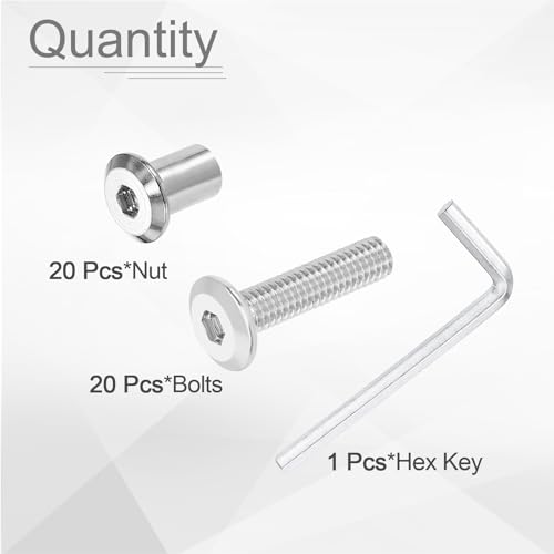 HARFINGTON 20 Set M6x25mm Hex Drive Socket Cap Bolt and M6x12mm Nuts with M4 Hex Wrench, Furniture Connector Bolts and Screws for Furniture Countersunk Belt, Silver - size: M6x25mm, M6x12mm