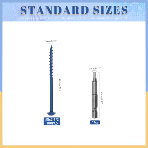 Glarks 100pcs #8 x 2-1/2’’ Pocket Hole Screws with Square Drill Bit Kit, Blue Coated Square Drive Wood Screws, Washer Head Coarse Thread Screw for Woodworking, Furniture - size: 100pcs 8x2-1/2