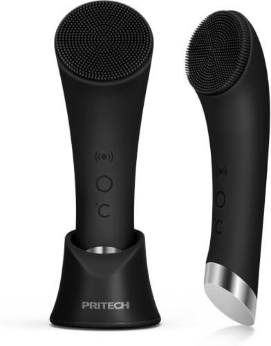 PRITECH Facial Cleansing Brush, Rechargeable Silicone Face Scrubber with Heat Massage End, Vibrating Exfoliator Scrubber for Deep Cleaning, Waterproof Face Brush for Women and Men (Black) - color: Black