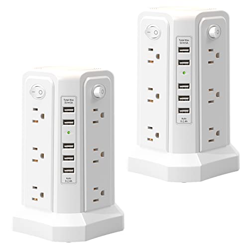2PC Surge Protector Power Strip Tower with 5 USB Ports and Night Light - color: White-2PC