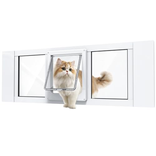 Cat Door for Window, Aluminum Cat Door Window Insert with 4 Secure Lock Modes, Magnectic Closure for Cats, Fit Window Width 28"-32", White - size: Medium
