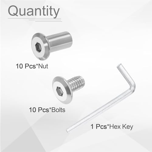 HARFINGTON 10 Set M6x10mm Hex Drive Socket Cap Bolt and M6x15mm Nuts with M4 Hex Wrench, Furniture Connector Bolts and Screws for Furniture Countersunk Belt, Silver - size: M6x10mm, M6x15mm