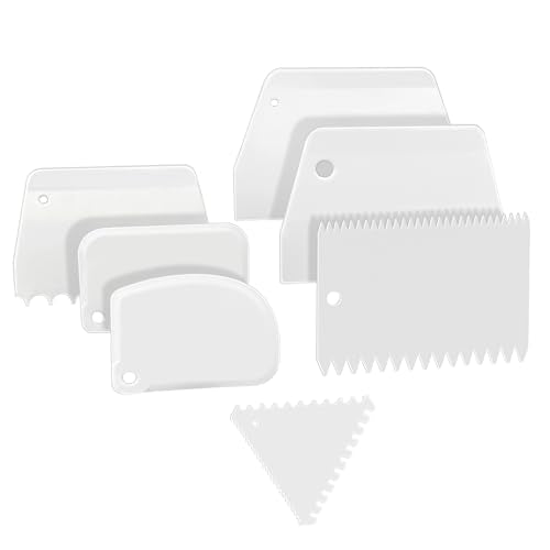 LNAUJS 7-Piece Cake Scraper and Smoother Set, Plastic Cake Decorating Tools Kit for Buttercream Icing, Fondant, Cookies, Pizza Dough & Baking - Multi-Purpose Cake Scraper and Kitchen Utensils (White)