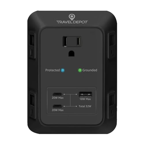 Travel Depot 5-Outlet Wall Outlet Extender with Surge Protector, (Black) | 2 USB-C PD & 1 USB-A Charging Ports, 32W Fast Charging, Multi Plug Wall Adapter, 3-Sided Design for Home & Office - color: Black