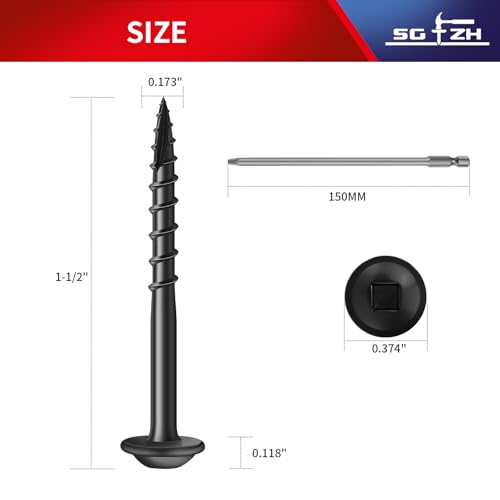 Pocket Hole Screws #8 x 1-1/2" (316Pcs) 2lb. Carbon Steel, Black, Washer Head, Coarse Thread, Square Drive,150MM Drive Bit Included - color: Black, size: #8 x 1-1/2"
