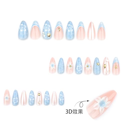 Spring Summer Blue 3D Star Flower Press On Nails, Medium Almond Shape, Ocean Shell French Tip Acrylic Fake Nails, Salon Quality Reusable Floral False Nails for Women Girls, Beach & Daily Wear - color: LF-3720, size: 24 Pieces (Pack of 1)