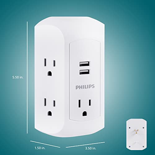 Philips 5-Outlet Extender, Grounded Wall Tap, 3-Prong, 2 USB-A - size: 1 Pack, style: 5 Outlet | 2 USB-A | Surge