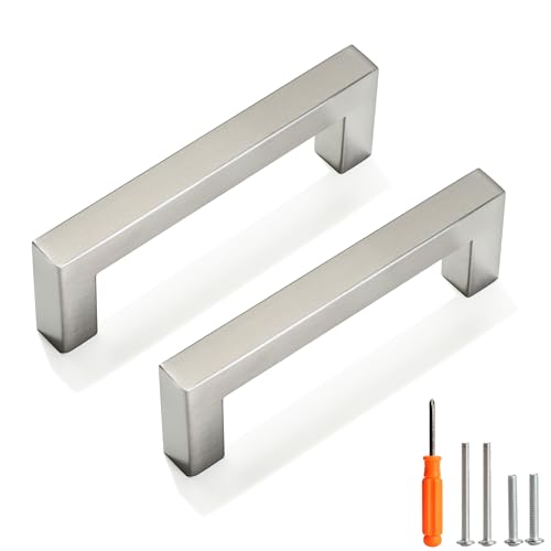 Cabinet Pulls Brushed Nickel Cabinet Handles Square Drawer Pulls, 5 Pack 3-3/4 Inch Stainless Steel Kitchen Door Cupboard Cabinet Handles, Cabinet Hardware Drawer Handles, 96mm Hole Centers - color: Brushed Nickel, size: Two Hole - 3-3/4 inch Hole Centers