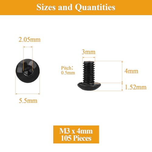 105 Pieces M3 x 4mm Button Head Socket Cap Screws, Thread Pitch 0.5mm, Sutemribor M3 Black Screws, 10.9 Grade Alloy Steel, Black Oxide Finish, Fully Threaded - size: M3 x 4mm, style: Button Head