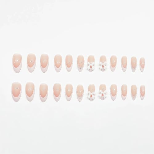 Press on Nails - White Bow Pearl Design Medium French Tip Fake Nails with Embossed Flower Designs, Glossy Finish Reusable False Nails with Glue Tabs - 24Pcs Nail Kit - color: white bow pearl