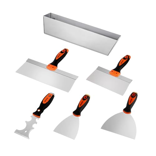 VEVOR Drywall Knife Set, 6 PCS Drywall Tools Includes 3" Painter Scraper, Two Putty Knives, Two Taping Knives and 12" Mud Pan, Stainless Steel Spackle Tool, Drywall Finishing Tools for Home