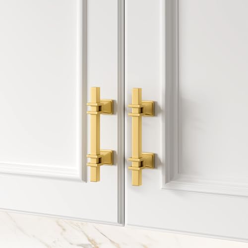 Haliwu 10 Pack Gold Cabinet Pulls, 3 inch Brushed Brass Kitchen Handles Square Dresser Drawer Hardware - color: Matte Gold, size: Hole Center Spacing：76mm (3 inch)