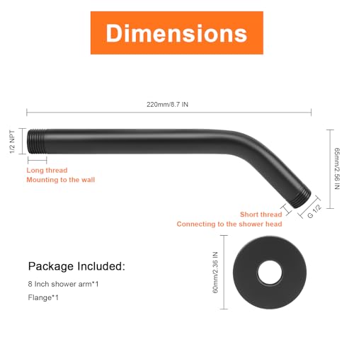 Shower Arm with Flange and Teflon Tape, Wall Mounted Shower Pipe 304 Stainless Steel Extension Arm for Fixed Shower Head & Handheld (8 Inch, Matte Black) - color: Matte Black, style: 8 Inch