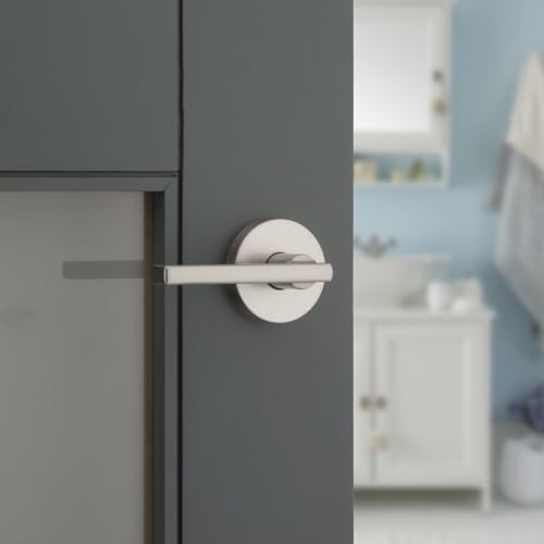 Kwikset Halifax Interior Privacy Door Handle with Lock, Round Lever for Bathroom and Bedroom, Satin Nickel Reversible Keyless Push Button Lock Door Lever, with Microban Protection - color: Satin Nickel, size: 1 Pack