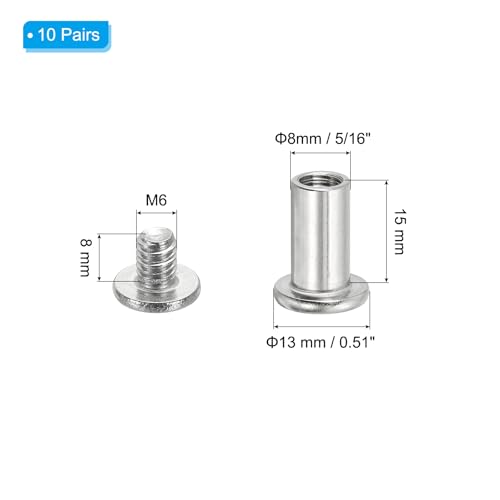 PATIKIL Hex Chicago Screws, 10 Set Binding Screw Posts M6 x 15 mm Connecting Hex Drive Socket Cap Bolt Nuts for Scrapbook Leather Belt Album Photo Furniture Repair, Silver - size: M6 x 15