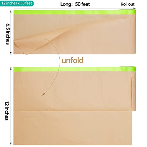 Tangibay Pre-Taped Masking Paper for Painting - 12 inch x 50 feet Tape and Drape Painters Paper, Paint Adhesive Protective Paper Roll for Covering Skirting, Frames, Cars and Auto Body (8 Rolls) - size: 8 Rolls: 12"